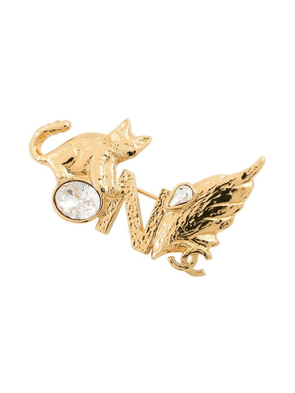 Chanel Brooch CC Logo Cat Feather Crystal